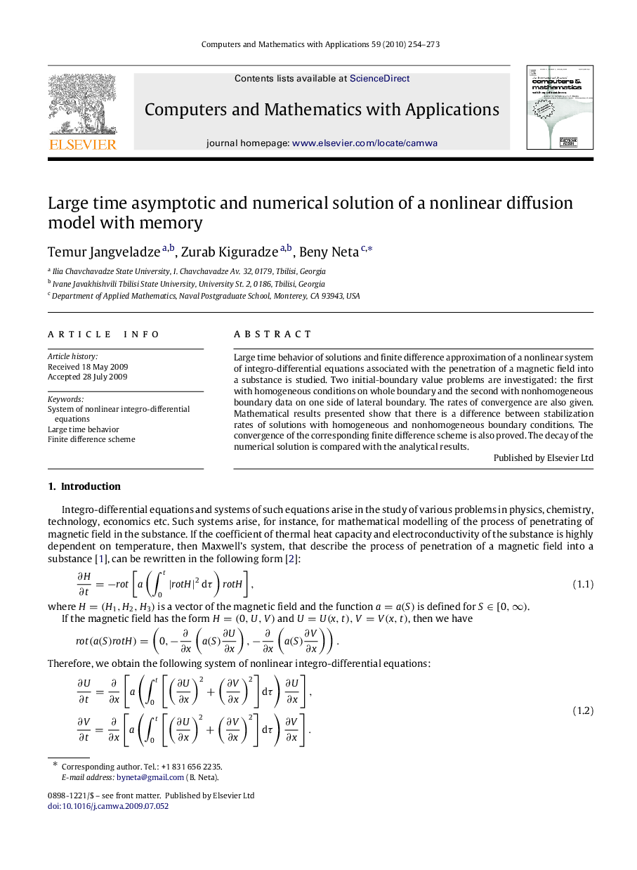 Large time asymptotic and numerical solution of a nonlinear diffusion model with memory