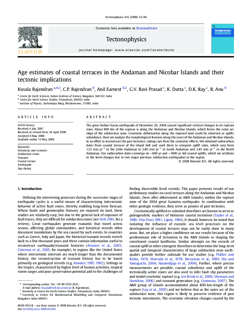 Age estimates of coastal terraces in the Andaman and Nicobar Islands and their tectonic implications