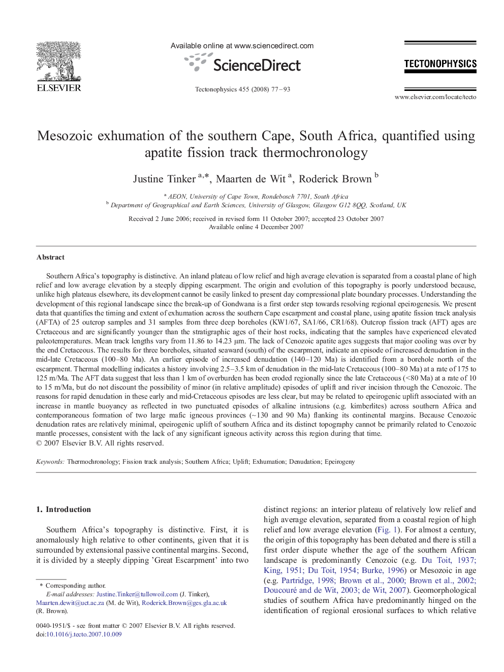 Mesozoic exhumation of the southern Cape, South Africa, quantified using apatite fission track thermochronology