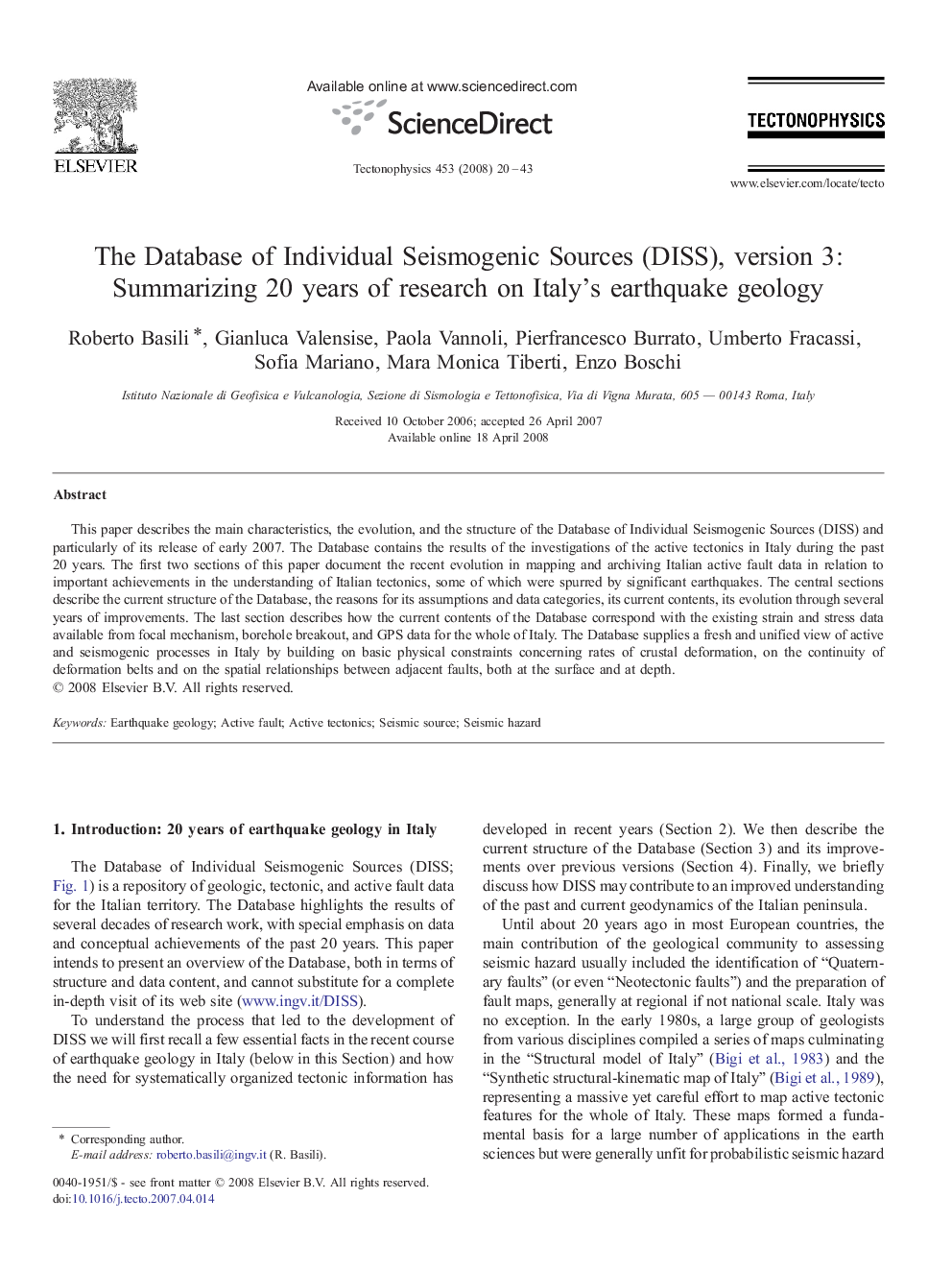 The Database of Individual Seismogenic Sources (DISS), version 3: Summarizing 20 years of research on Italy's earthquake geology