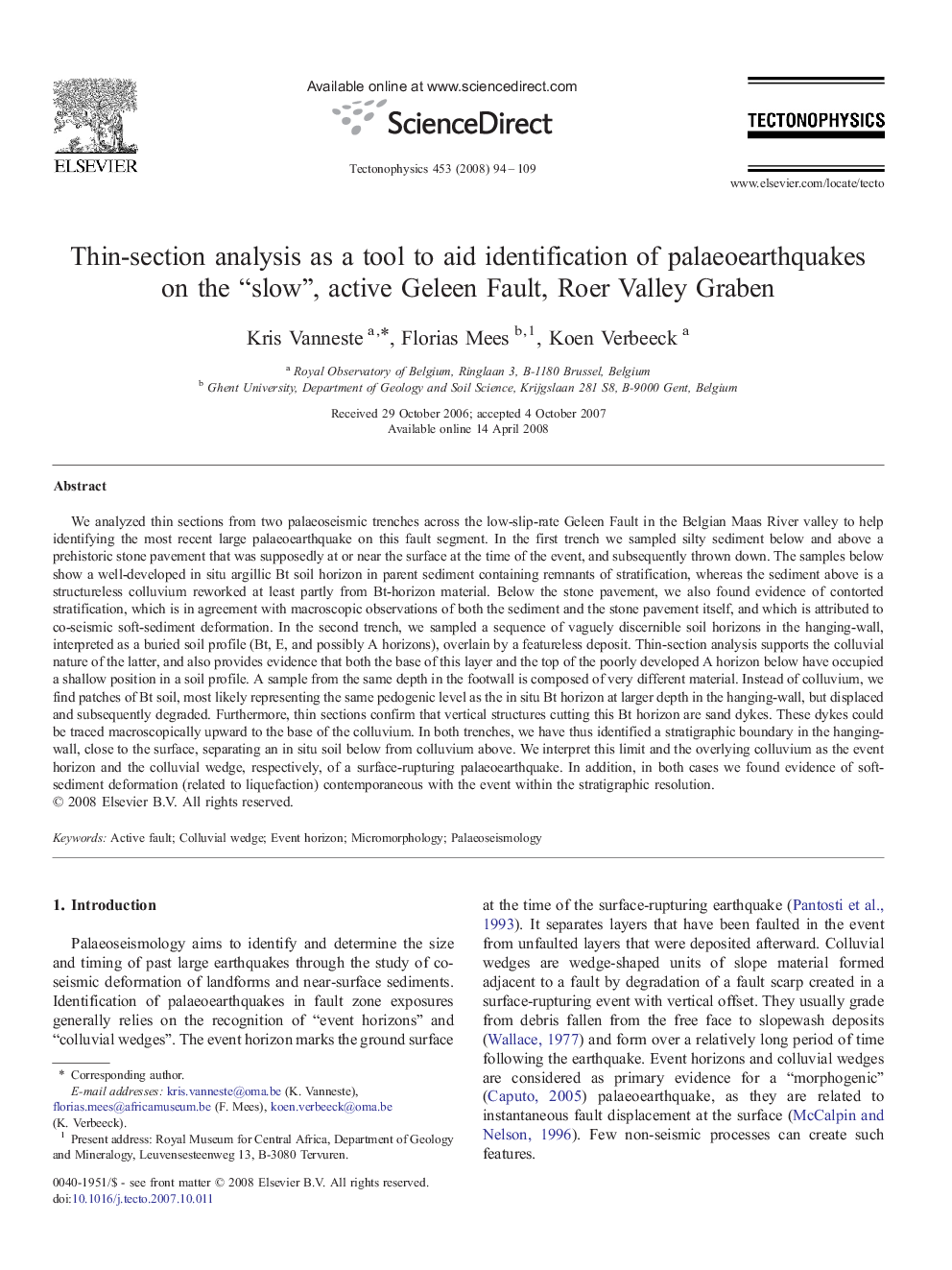 Thin-section analysis as a tool to aid identification of palaeoearthquakes on the “slow”, active Geleen Fault, Roer Valley Graben