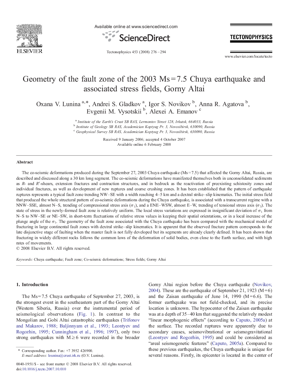 Geometry of the fault zone of the 2003 Ms = 7.5 Chuya earthquake and associated stress fields, Gorny Altai