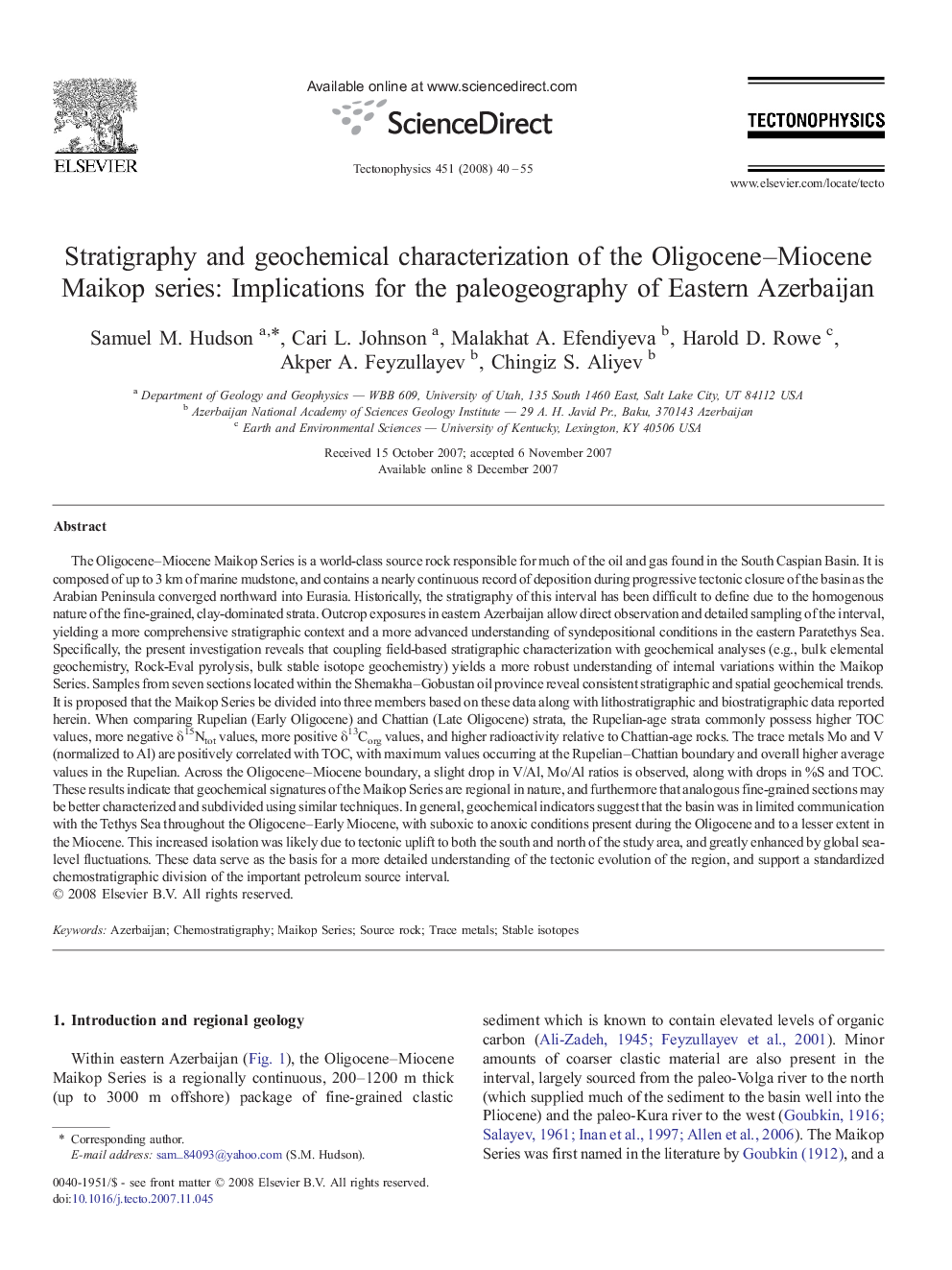 Stratigraphy and geochemical characterization of the Oligocene–Miocene Maikop series: Implications for the paleogeography of Eastern Azerbaijan