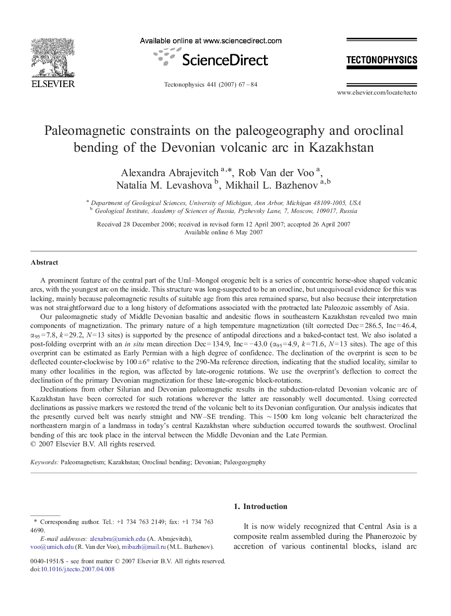 Paleomagnetic constraints on the paleogeography and oroclinal bending of the Devonian volcanic arc in Kazakhstan