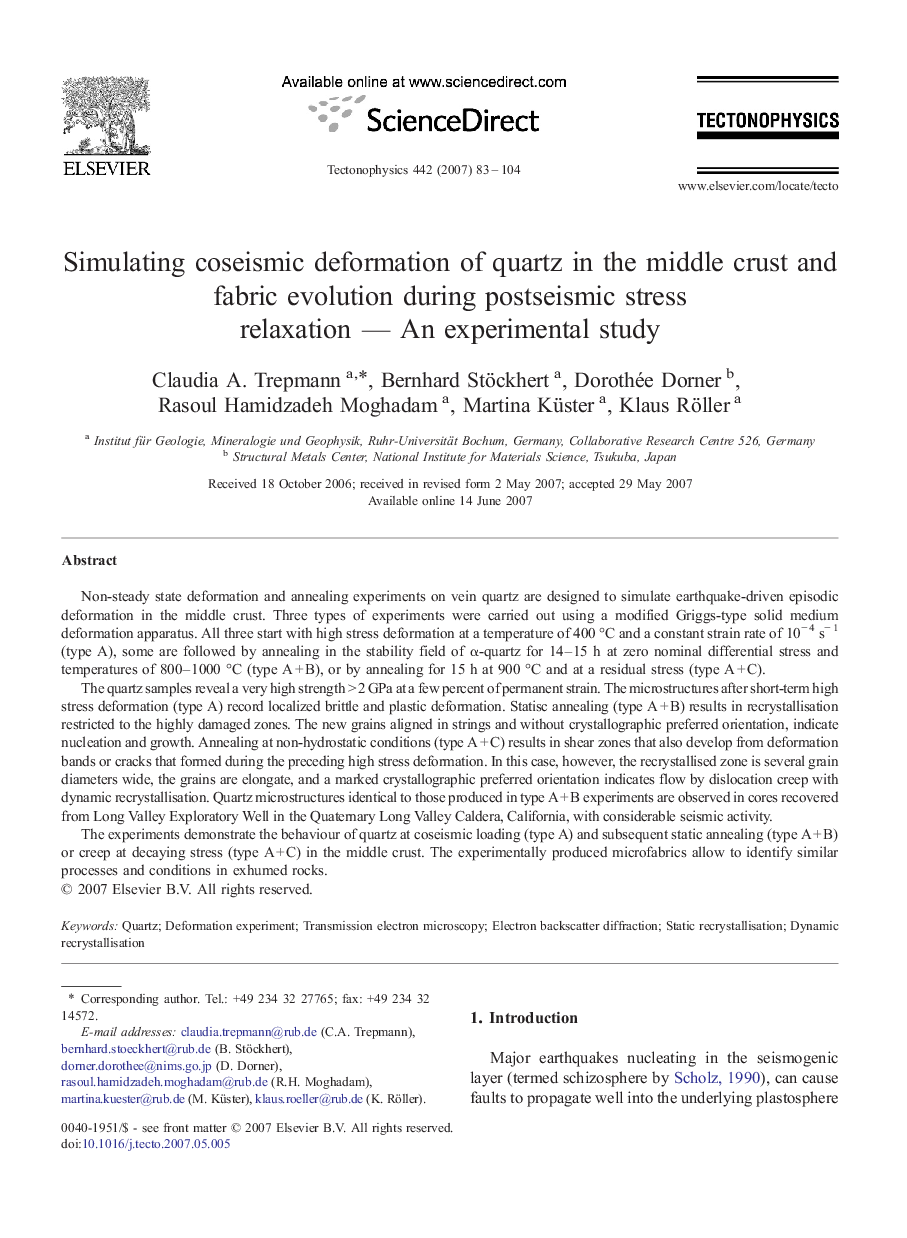 Simulating coseismic deformation of quartz in the middle crust and fabric evolution during postseismic stress relaxation - An experimental study