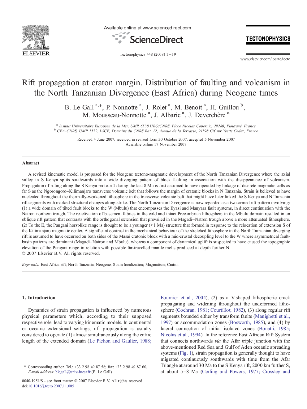 Rift propagation at craton margin.: Distribution of faulting and volcanism in the North Tanzanian Divergence (East Africa) during Neogene times