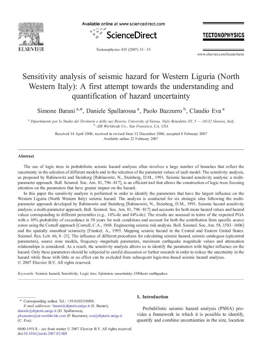 Sensitivity analysis of seismic hazard for Western Liguria (North Western Italy): A first attempt towards the understanding and quantification of hazard uncertainty