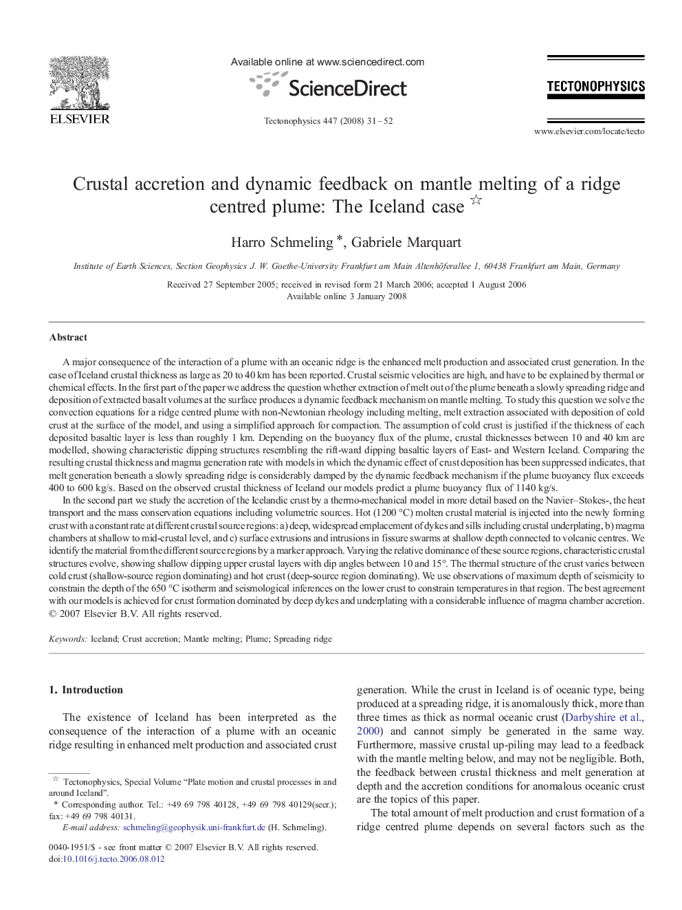 Crustal accretion and dynamic feedback on mantle melting of a ridge centred plume: The Iceland case 