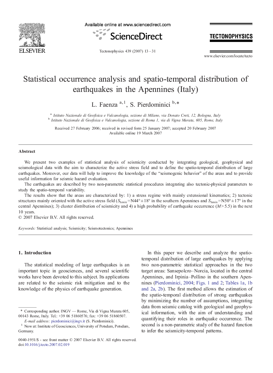 Statistical occurrence analysis and spatio-temporal distribution of earthquakes in the Apennines (Italy)