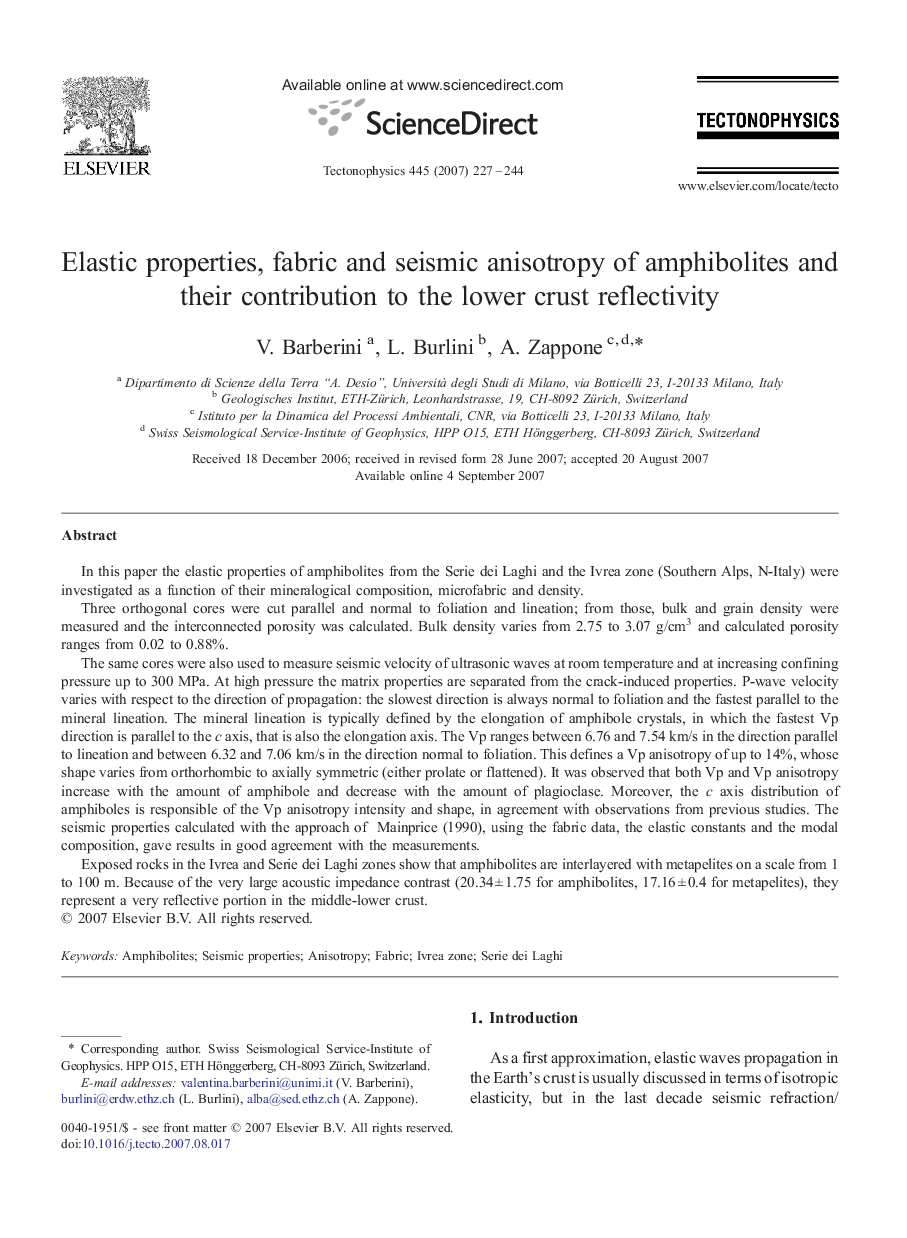 Elastic properties, fabric and seismic anisotropy of amphibolites and their contribution to the lower crust reflectivity