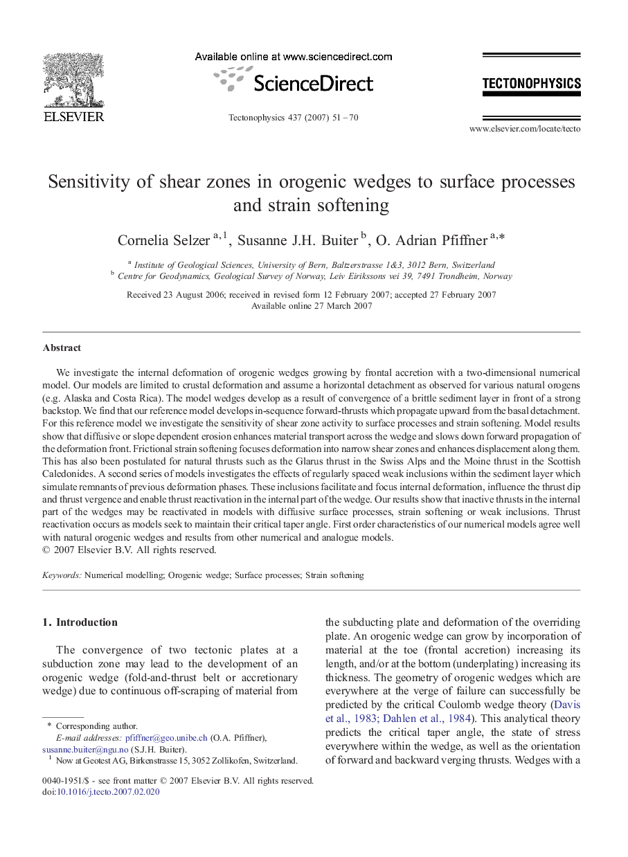 Sensitivity of shear zones in orogenic wedges to surface processes and strain softening