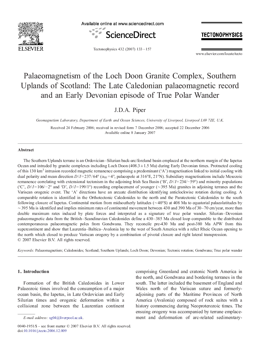 Palaeomagnetism of the Loch Doon Granite Complex, Southern Uplands of Scotland: The Late Caledonian palaeomagnetic record and an Early Devonian episode of True Polar Wander