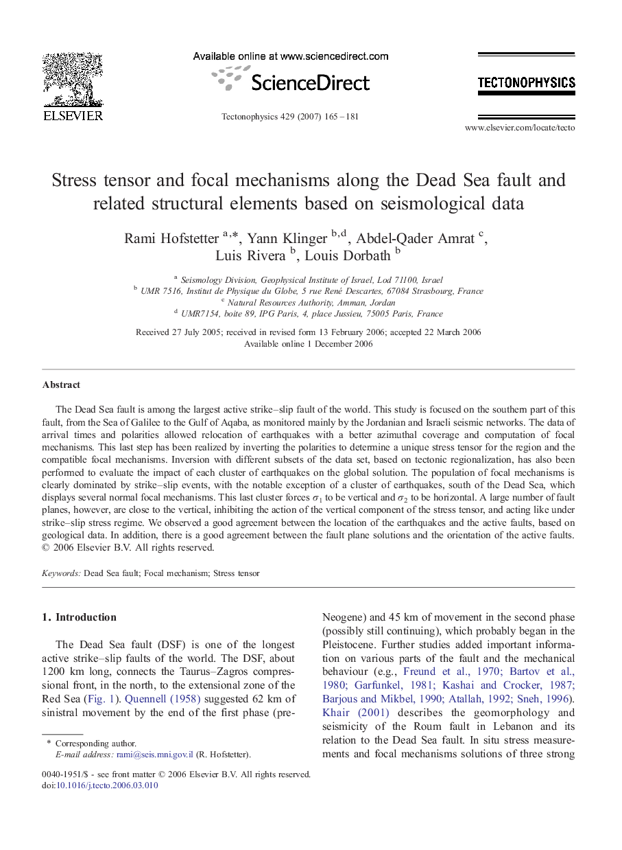 Stress tensor and focal mechanisms along the Dead Sea fault and related structural elements based on seismological data