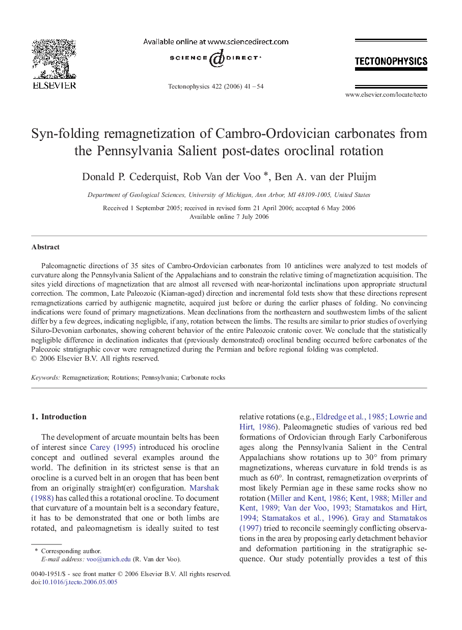 Syn-folding remagnetization of Cambro-Ordovician carbonates from the Pennsylvania Salient post-dates oroclinal rotation