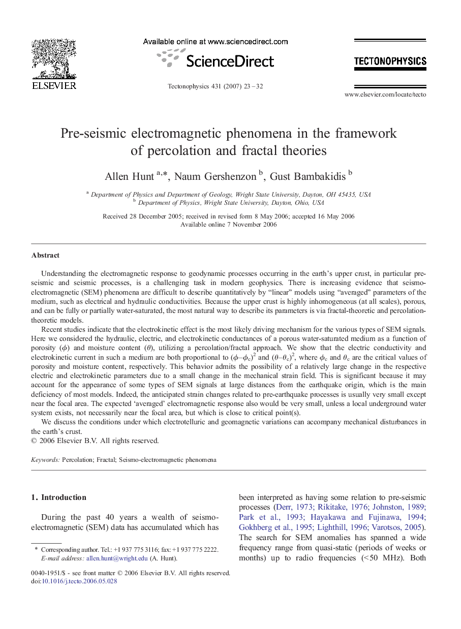 Pre-seismic electromagnetic phenomena in the framework of percolation and fractal theories