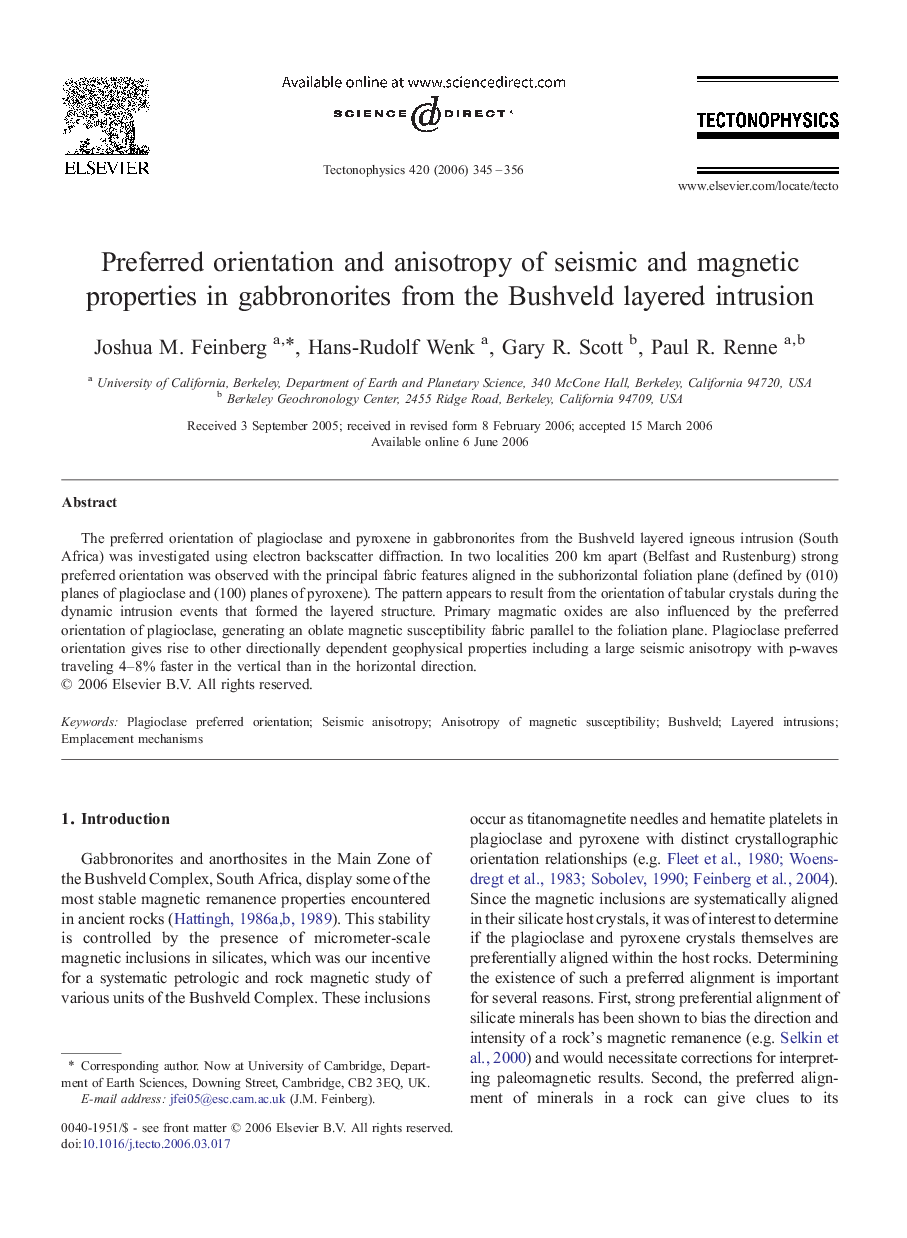 Preferred orientation and anisotropy of seismic and magnetic properties in gabbronorites from the Bushveld layered intrusion