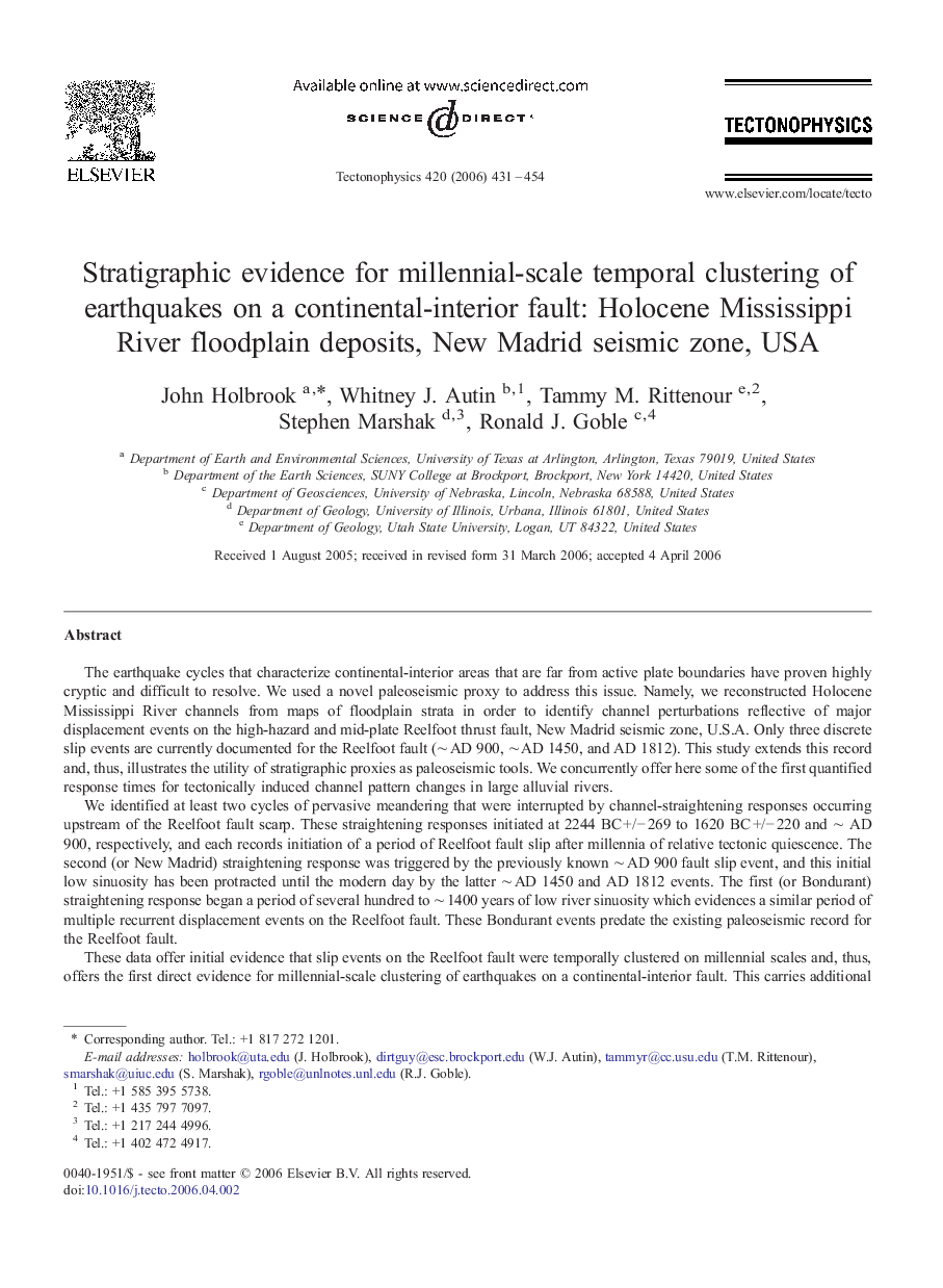 Stratigraphic evidence for millennial-scale temporal clustering of earthquakes on a continental-interior fault: Holocene Mississippi River floodplain deposits, New Madrid seismic zone, USA