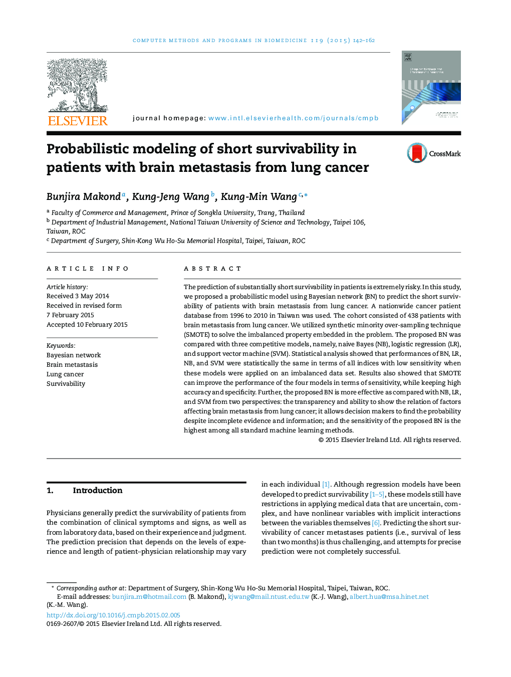 Probabilistic modeling of short survivability in patients with brain metastasis from lung cancer