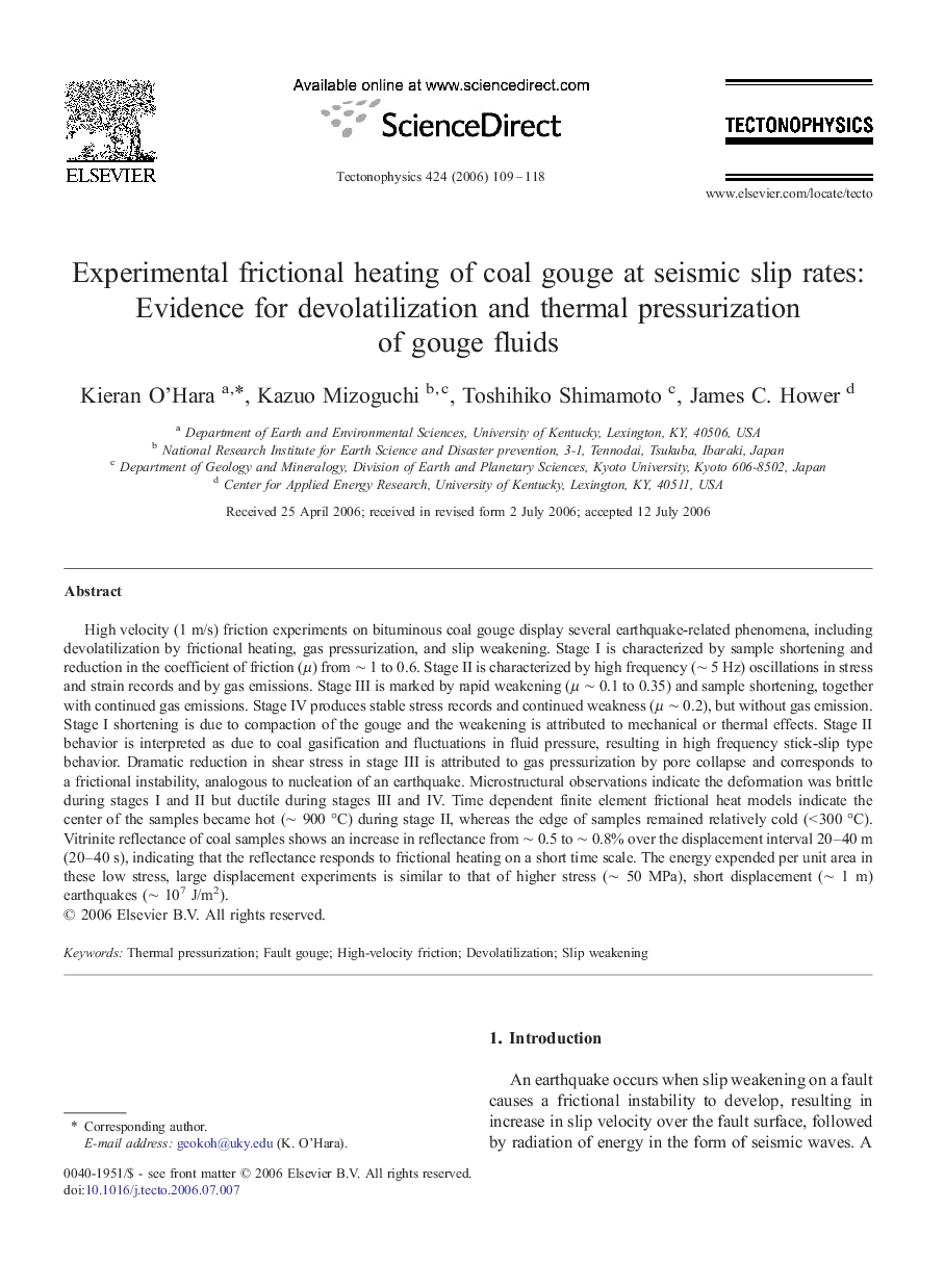 Experimental frictional heating of coal gouge at seismic slip rates: Evidence for devolatilization and thermal pressurization of gouge fluids