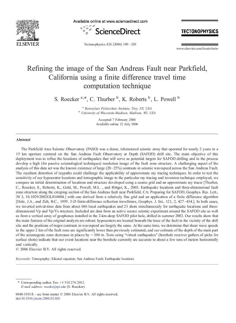 Refining the image of the San Andreas Fault near Parkfield, California using a finite difference travel time computation technique