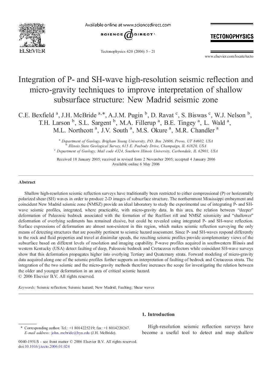 Integration of P- and SH-wave high-resolution seismic reflection and micro-gravity techniques to improve interpretation of shallow subsurface structure: New Madrid seismic zone