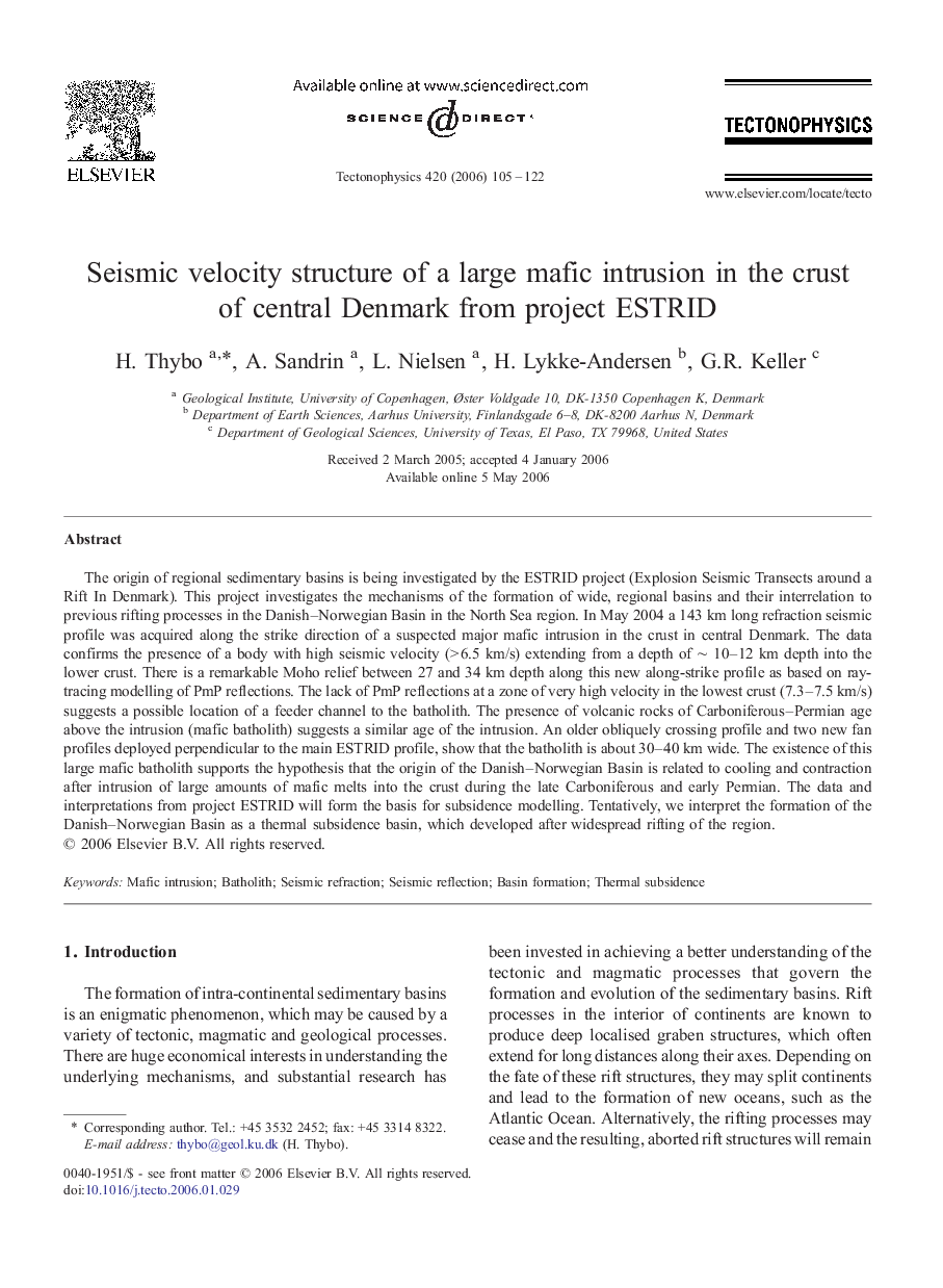 Seismic velocity structure of a large mafic intrusion in the crust of central Denmark from project ESTRID