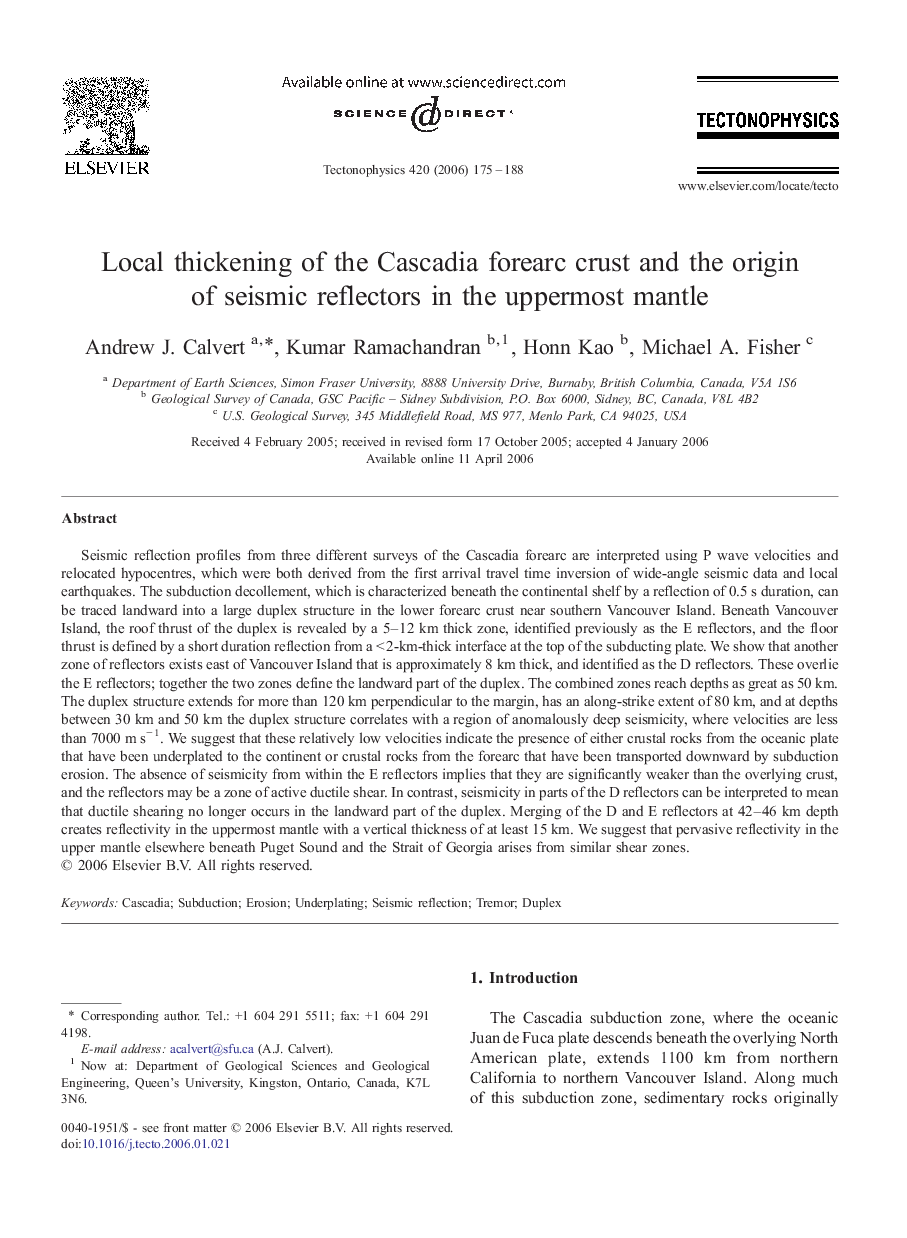 Local thickening of the Cascadia forearc crust and the origin of seismic reflectors in the uppermost mantle