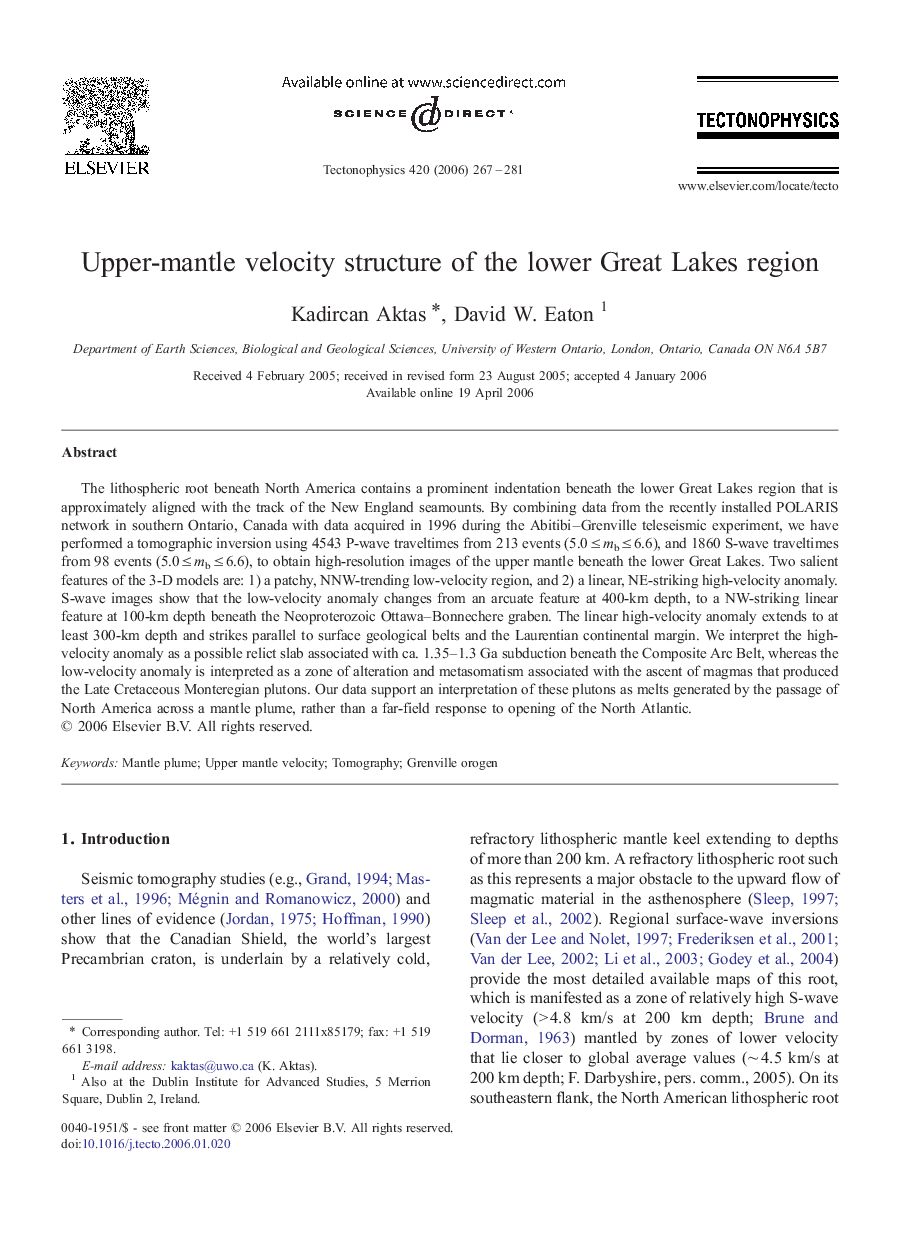 Upper-mantle velocity structure of the lower Great Lakes region