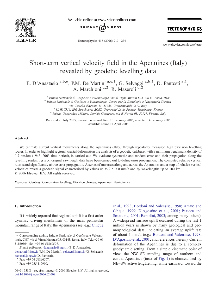 Short-term vertical velocity field in the Apennines (Italy) revealed by geodetic levelling data