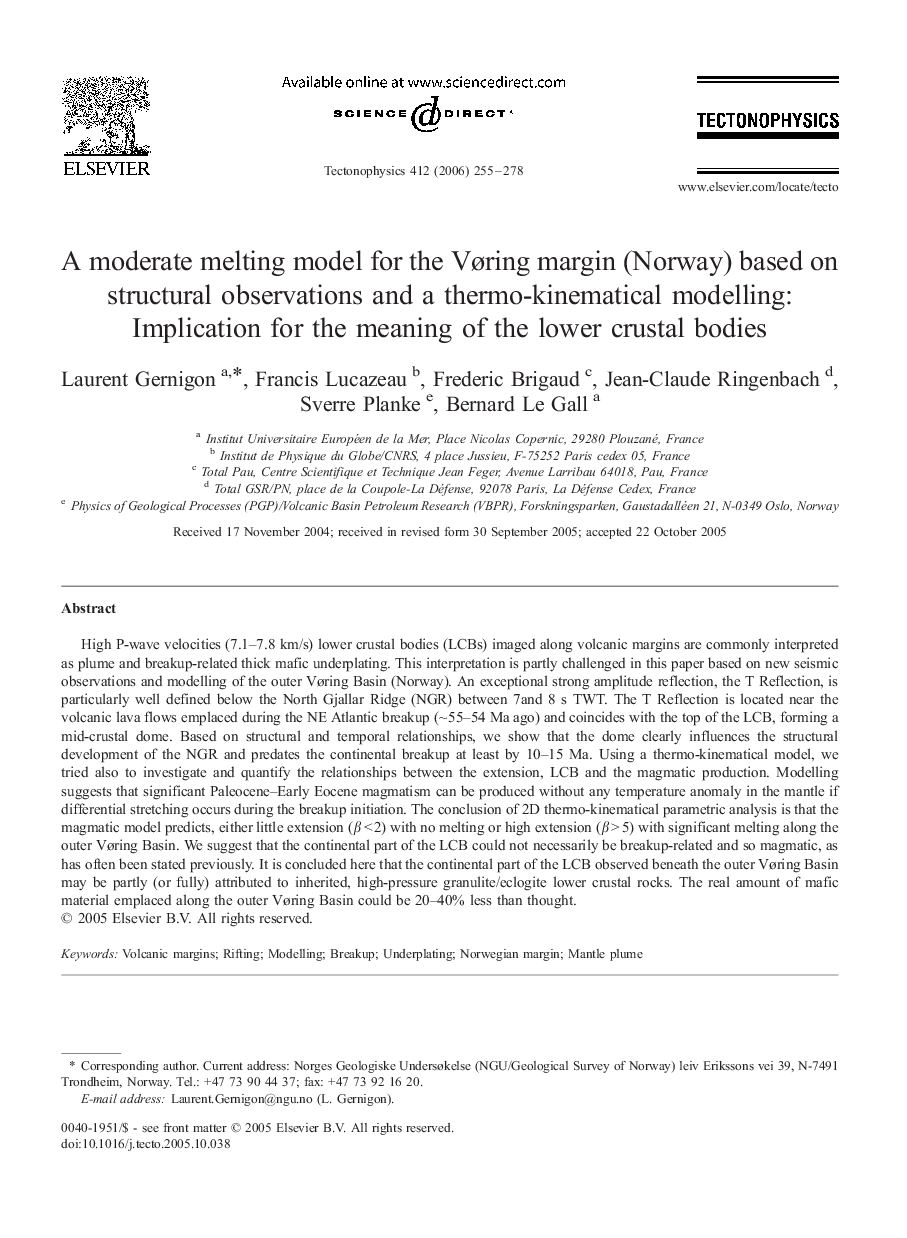 A moderate melting model for the Vøring margin (Norway) based on structural observations and a thermo-kinematical modelling: Implication for the meaning of the lower crustal bodies