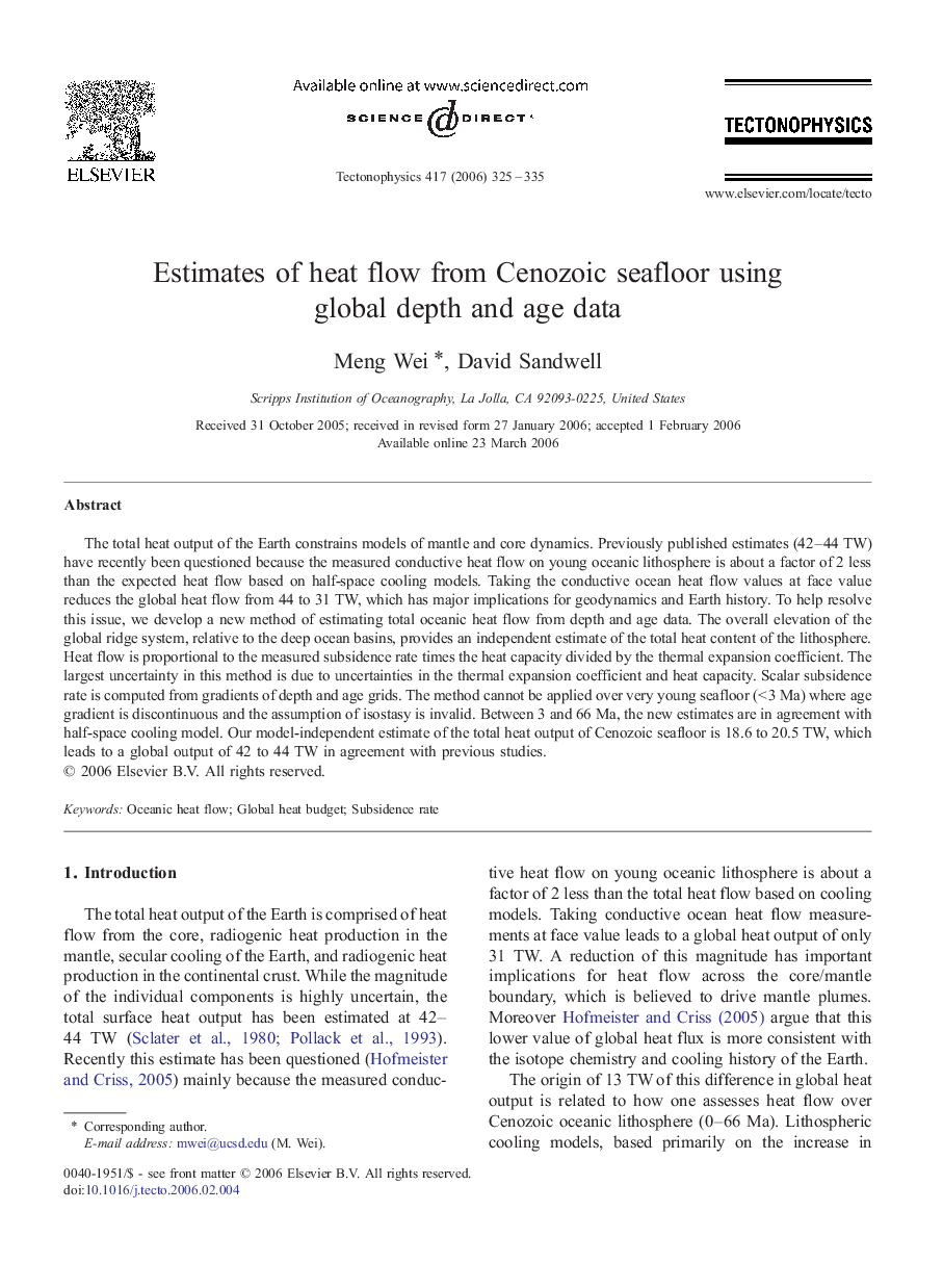 Estimates of heat flow from Cenozoic seafloor using global depth and age data