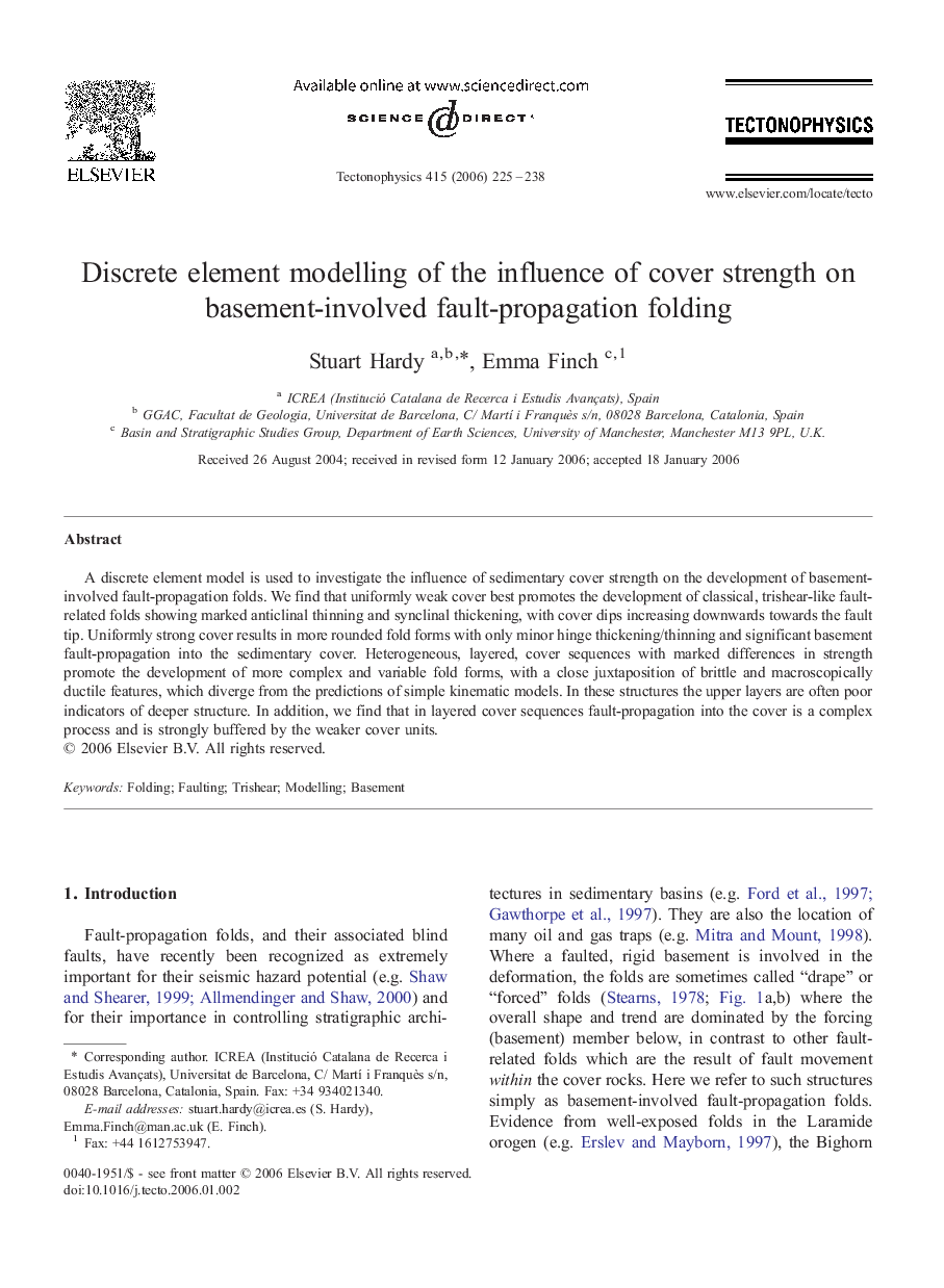 Discrete element modelling of the influence of cover strength on basement-involved fault-propagation folding