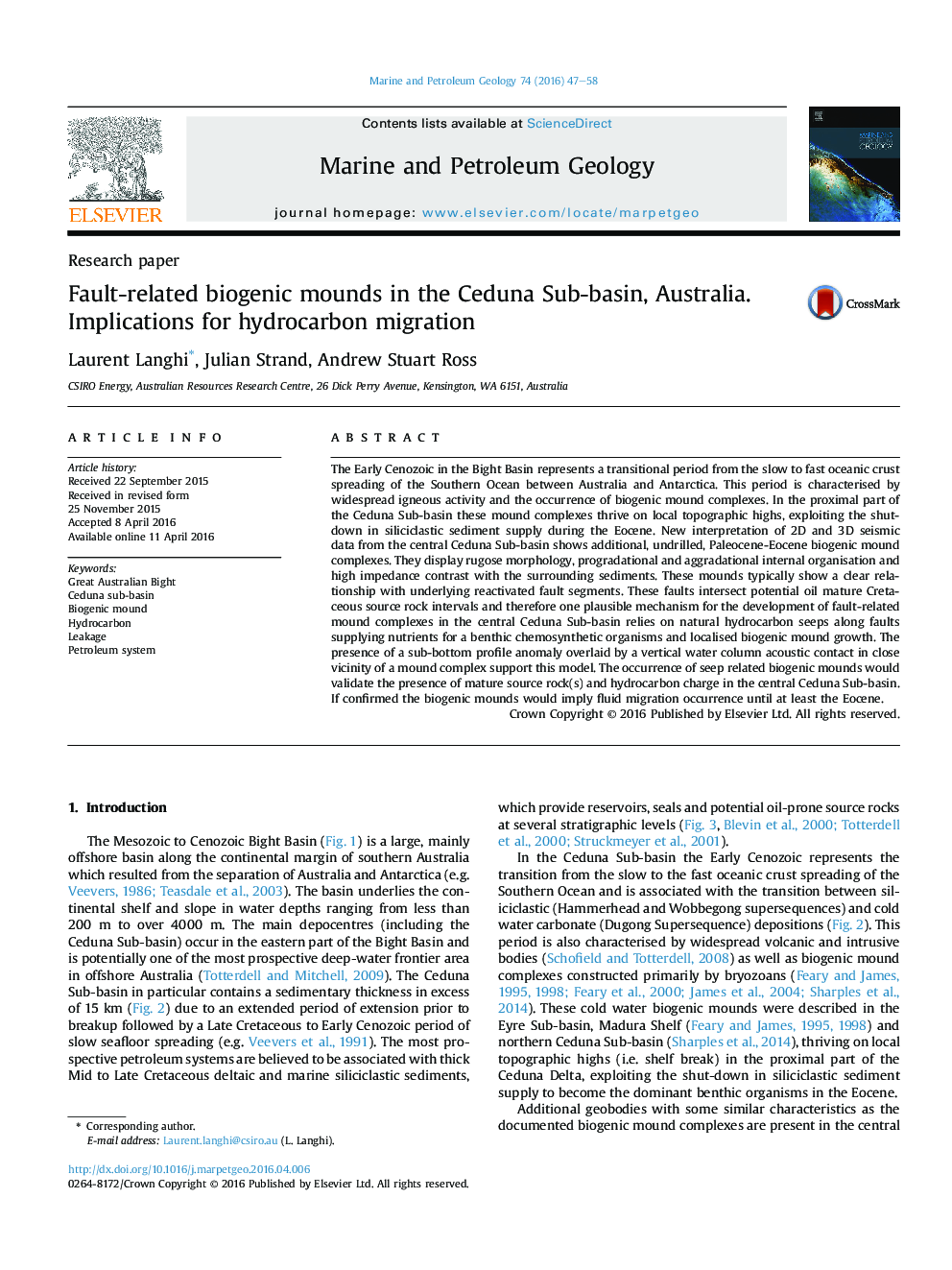 Fault-related biogenic mounds in the Ceduna Sub-basin, Australia. Implications for hydrocarbon migration