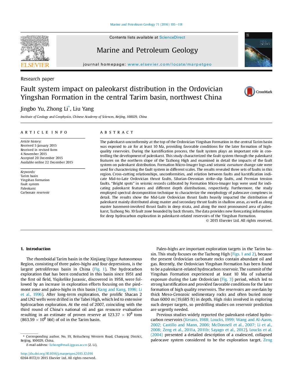 Fault system impact on paleokarst distribution in the Ordovician Yingshan Formation in the central Tarim basin, northwest China