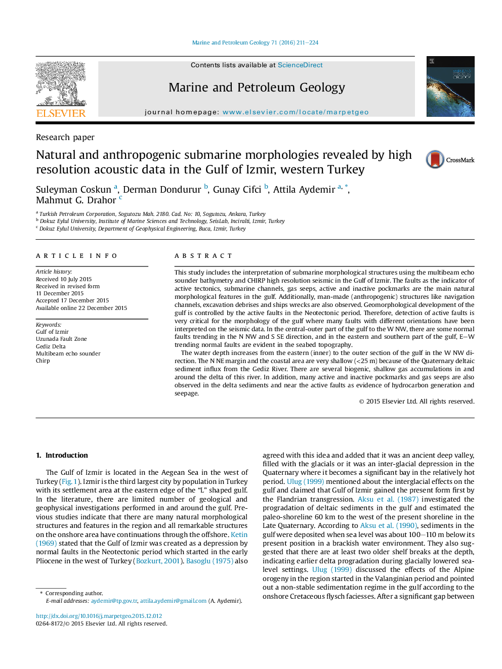 مورفولوژی های زیر زمینی طبیعی و انسانی نشان داده شده با داده های آکوستیک با وضوح بالا در خلیج فارس، غرب ترکیه 