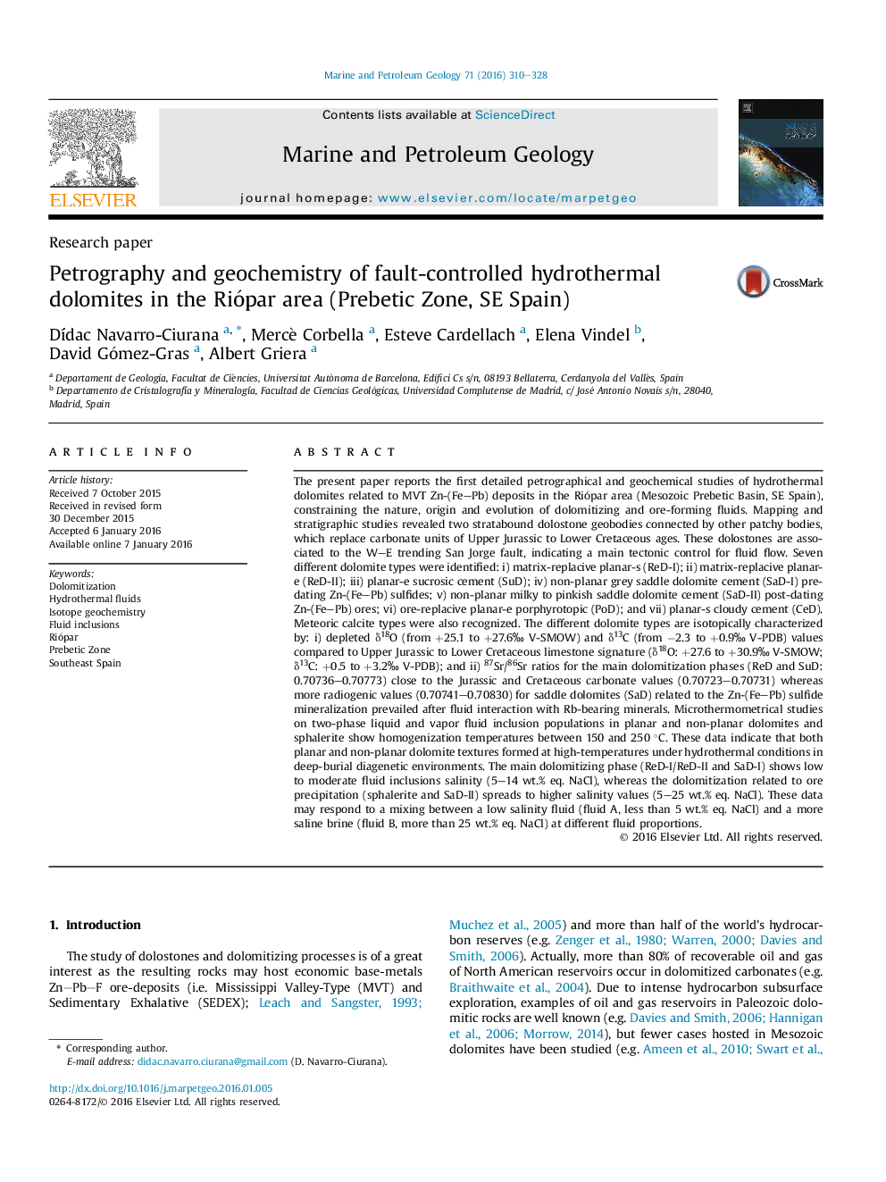 Petrography and geochemistry of fault-controlled hydrothermal dolomites in the Riópar area (Prebetic Zone, SE Spain)