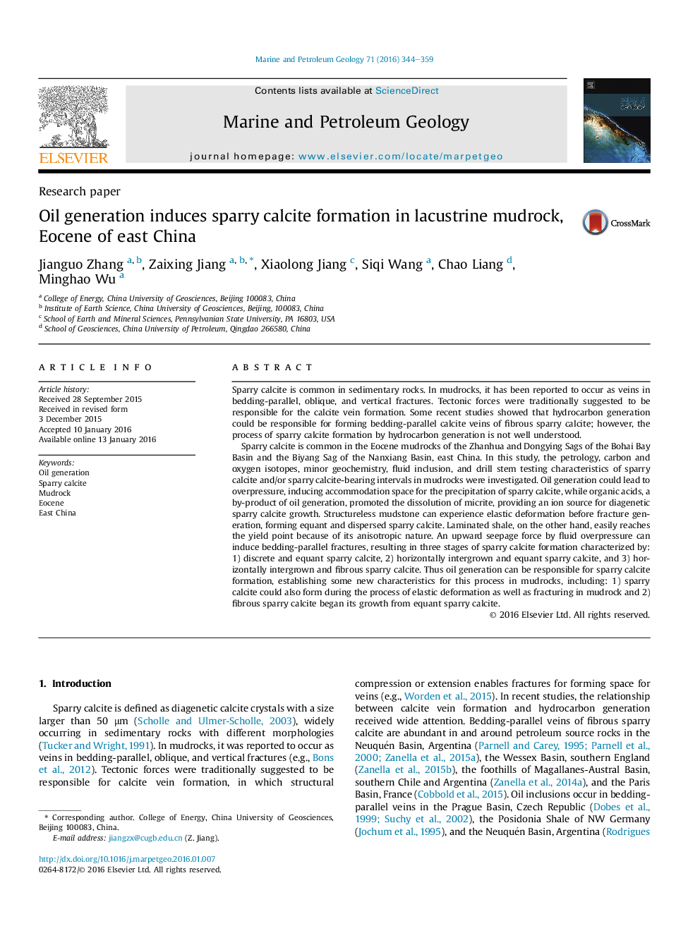 Oil generation induces sparry calcite formation in lacustrine mudrock, Eocene of east China