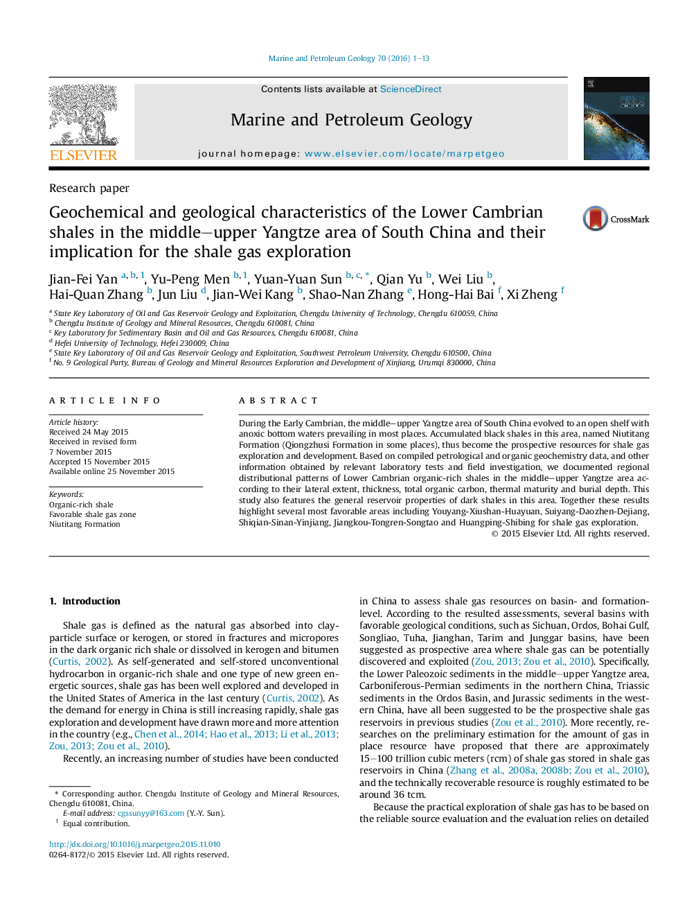 Geochemical and geological characteristics of the Lower Cambrian shales in the middle–upper Yangtze area of South China and their implication for the shale gas exploration