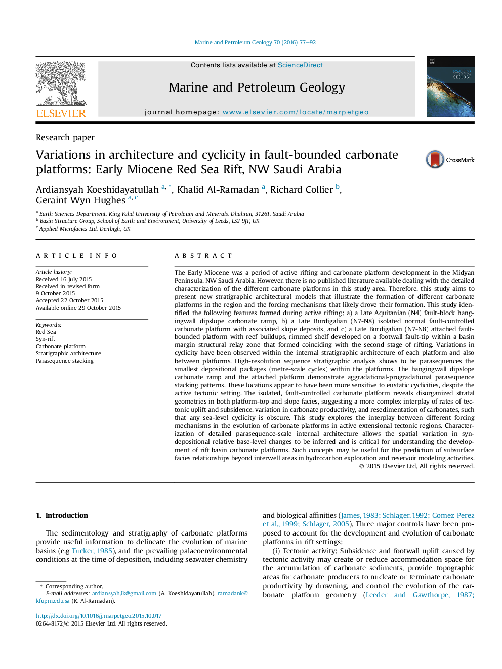 Variations in architecture and cyclicity in fault-bounded carbonate platforms: Early Miocene Red Sea Rift, NW Saudi Arabia