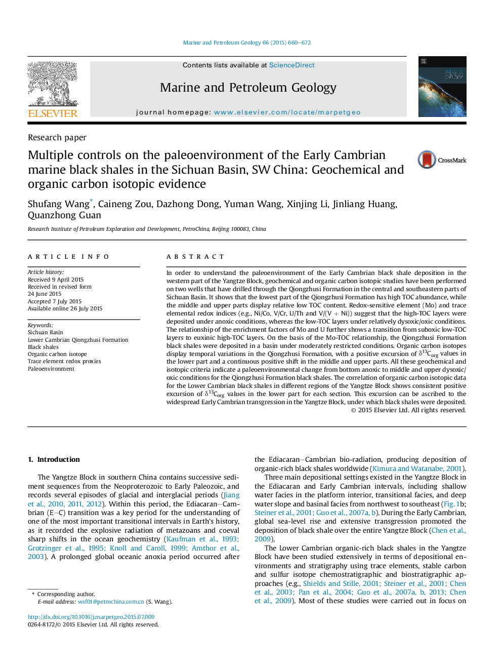 Multiple controls on the paleoenvironment of the Early Cambrian marine black shales in the Sichuan Basin, SW China: Geochemical and organic carbon isotopic evidence