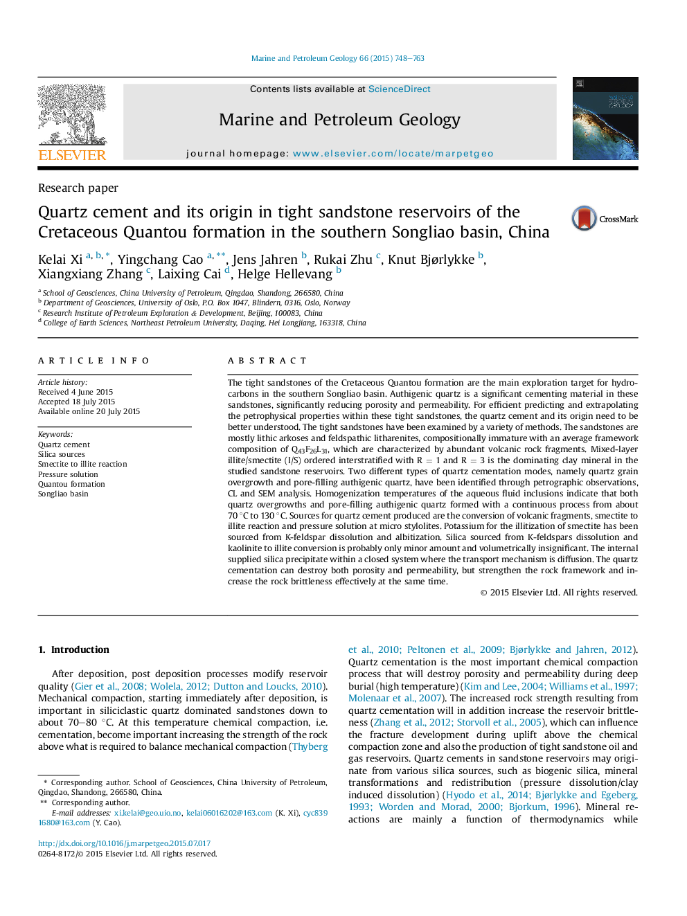 Quartz cement and its origin in tight sandstone reservoirs of the Cretaceous Quantou formation in the southern Songliao basin, China