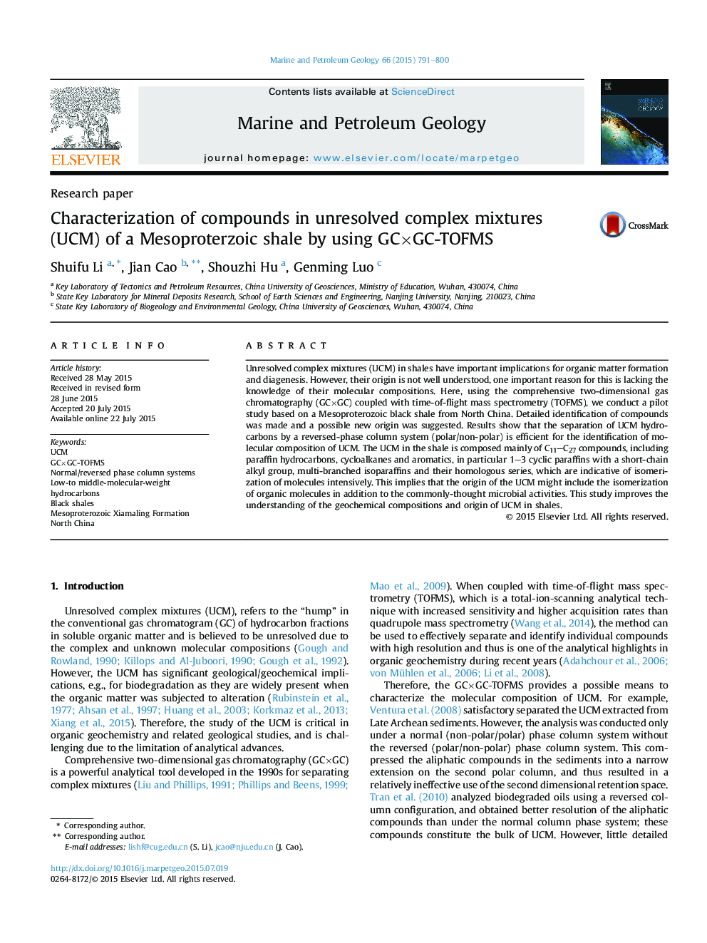 Characterization of compounds in unresolved complex mixtures (UCM) of a Mesoproterzoic shale by using GC×GC-TOFMS