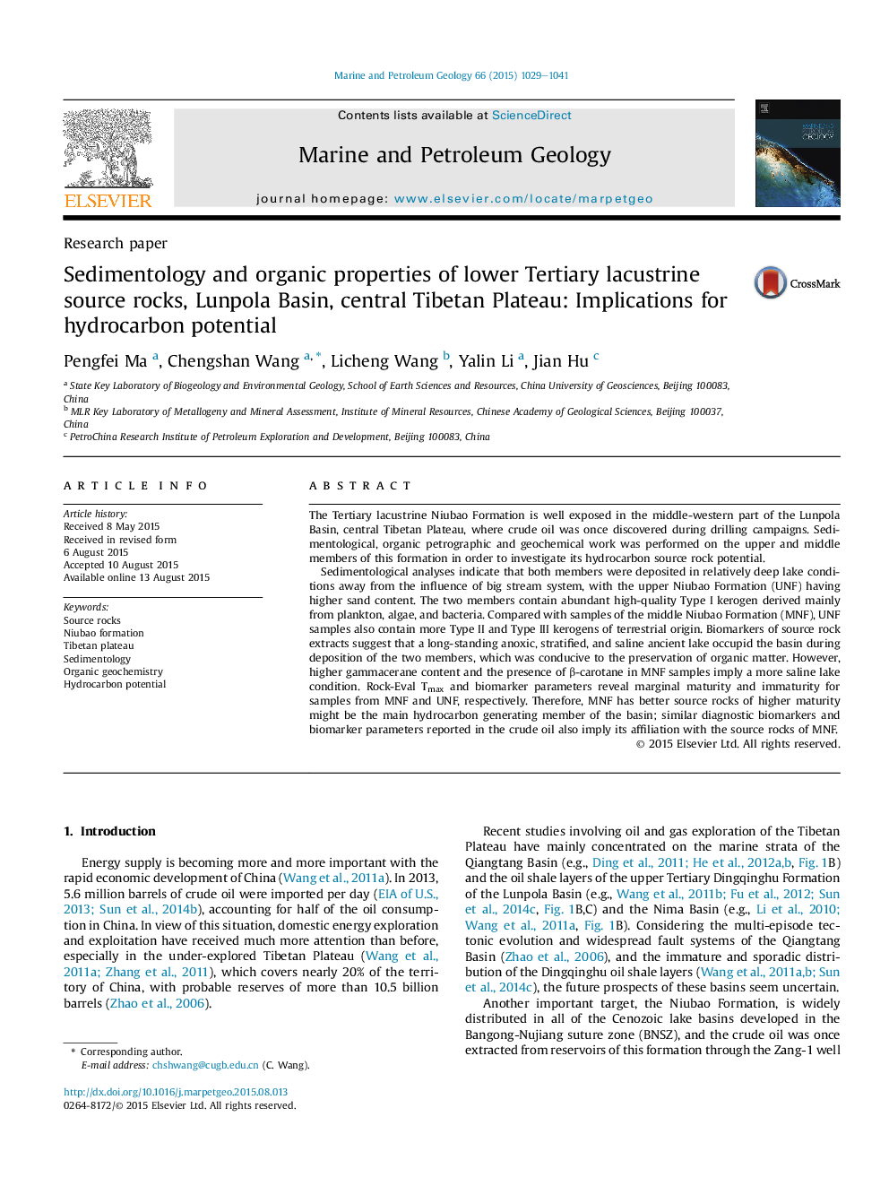 Sedimentology and organic properties of lower Tertiary lacustrine source rocks, Lunpola Basin, central Tibetan Plateau: Implications for hydrocarbon potential