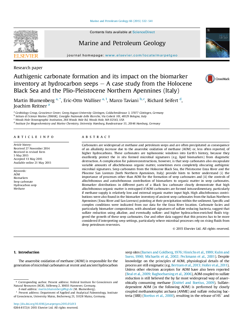 Authigenic carbonate formation and its impact on the biomarker inventory at hydrocarbon seeps – A case study from the Holocene Black Sea and the Plio-Pleistocene Northern Apennines (Italy)