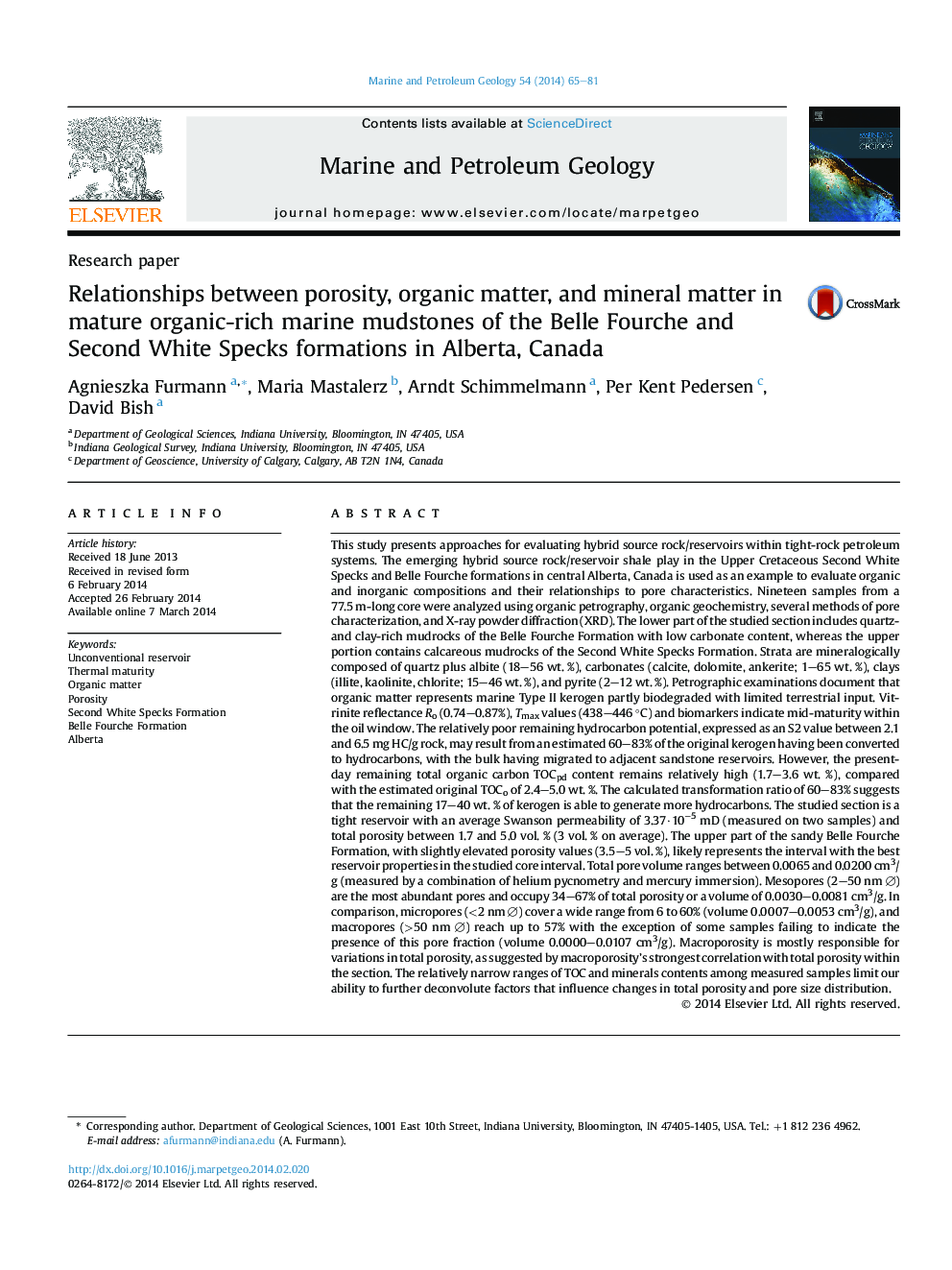 Relationships between porosity, organic matter, and mineral matter in mature organic-rich marine mudstones of the Belle Fourche and Second White Specks formations in Alberta, Canada