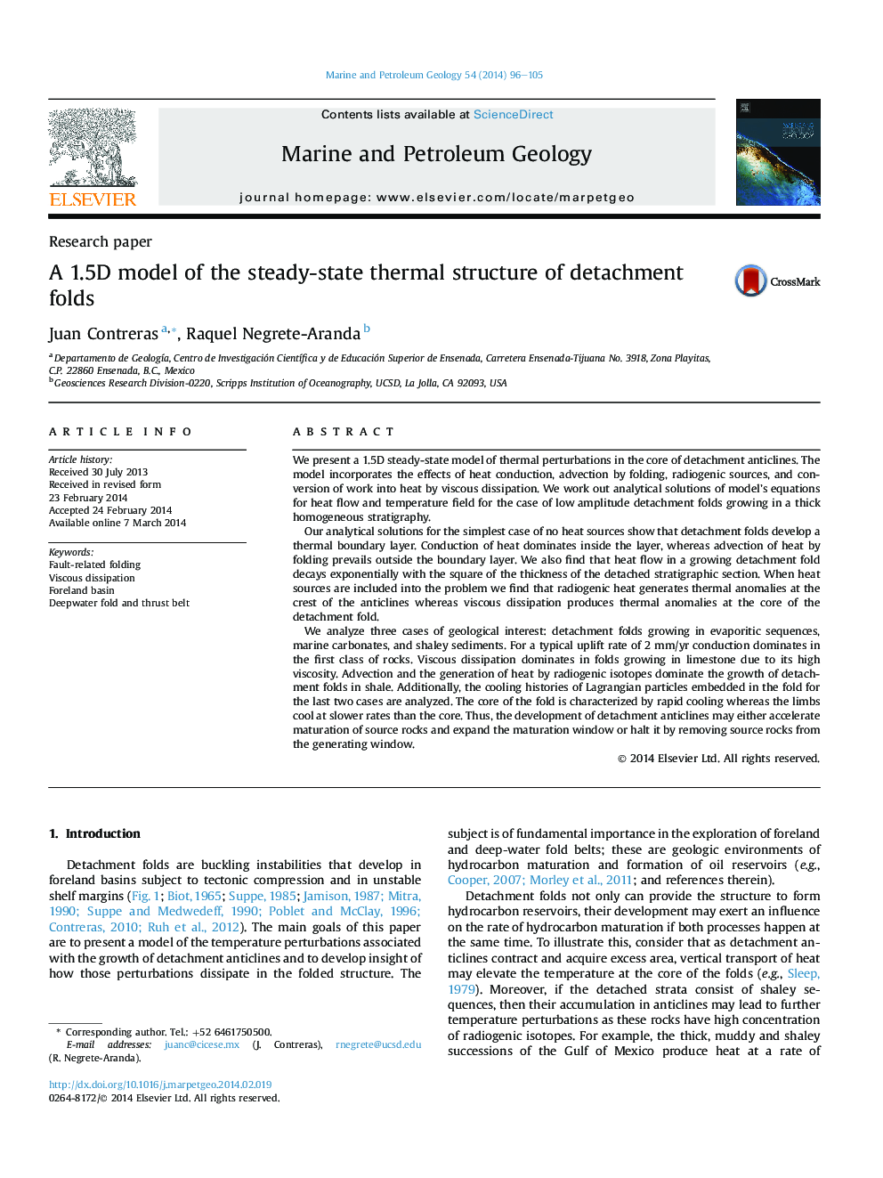 A 1.5D model of the steady-state thermal structure of detachment folds