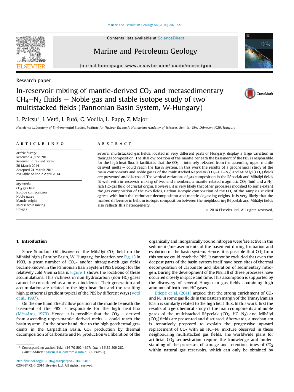 In-reservoir mixing of mantle-derived CO2 and metasedimentary CH4–N2 fluids – Noble gas and stable isotope study of two multistacked fields (Pannonian Basin System, W-Hungary)