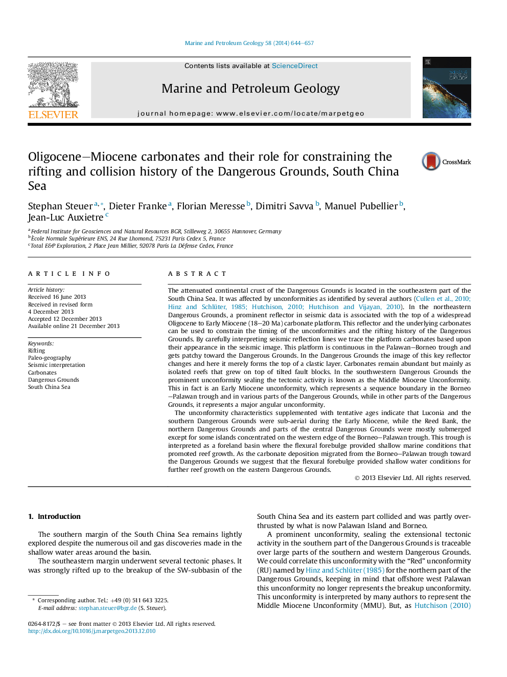 Oligocene–Miocene carbonates and their role for constraining the rifting and collision history of the Dangerous Grounds, South China Sea