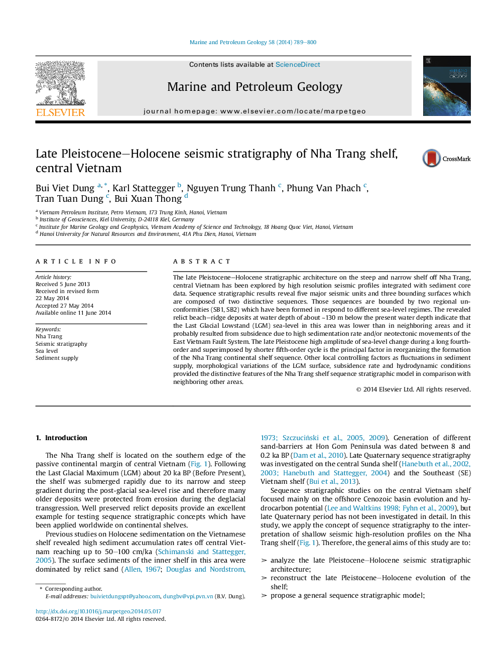 عکس صفحه اول مقاله: Late Pleistocene–Holocene seismic stratigraphy of Nha Trang shelf, central Vietnam Late Pleistocene–Holocene seismic stratigraphy of Nha Trang shelf, central Vietnam