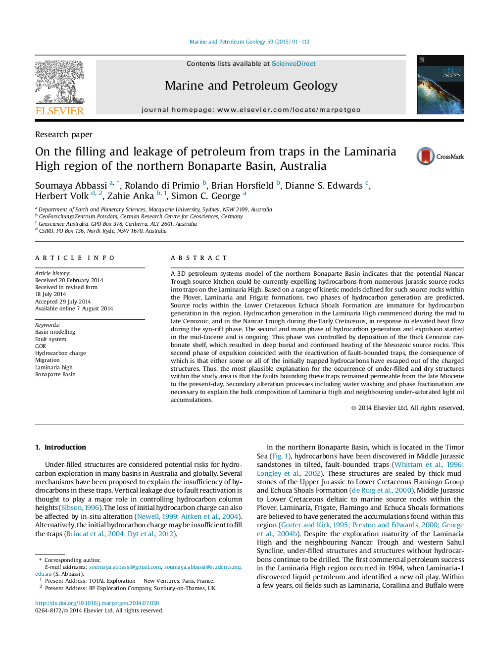 On the filling and leakage of petroleum from traps in the Laminaria High region of the northern Bonaparte Basin, Australia